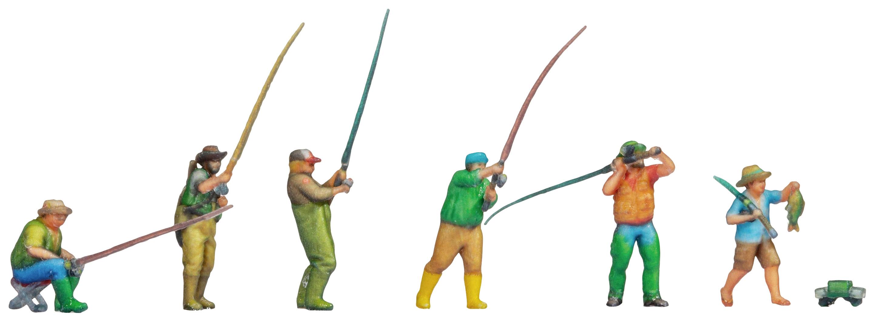 Seks farverige miniaturfigurer fisker med forskellige positurer. De bærer fiskertøj og holder fiskestænger i forskellige bevægelser.