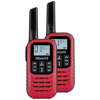 To rød walkie-talkies med et let læseligt display og sort antenne. Mærkenavnet 'Albrecht' synligt øverst på enheden.