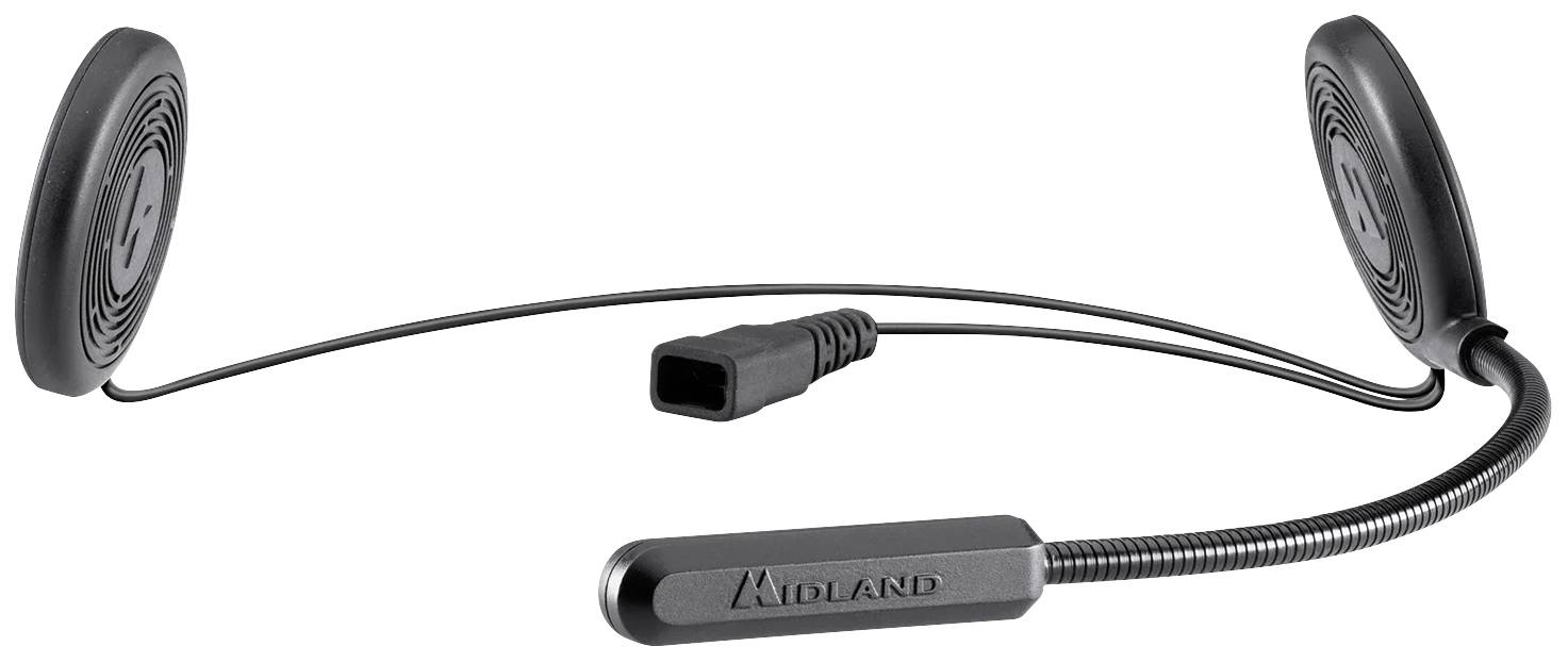Et sort headset-mikrofon med to højttalere til ørerne og et fleksibelt kabel. Mærkenavnet 'Midland' på mikrofonbøjlen.