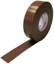Brun tape med en udrullet klæbestrimmel på en rulle.