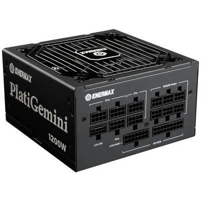 Sort Enermax PlatiGemini 1200W strømforsyning med flere modulære tilslutninger, ventileret top og varemærke.