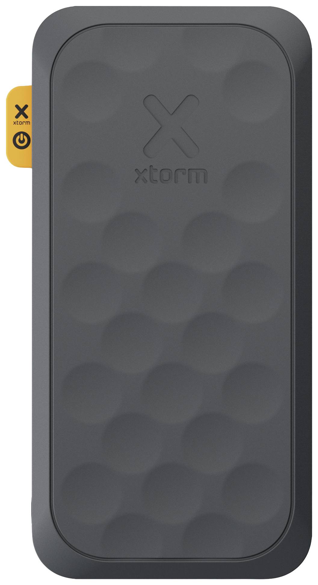 En bærbar, sort powerbank med X-logo og bølget overflade, med orange knapper til betjening på venstre side.