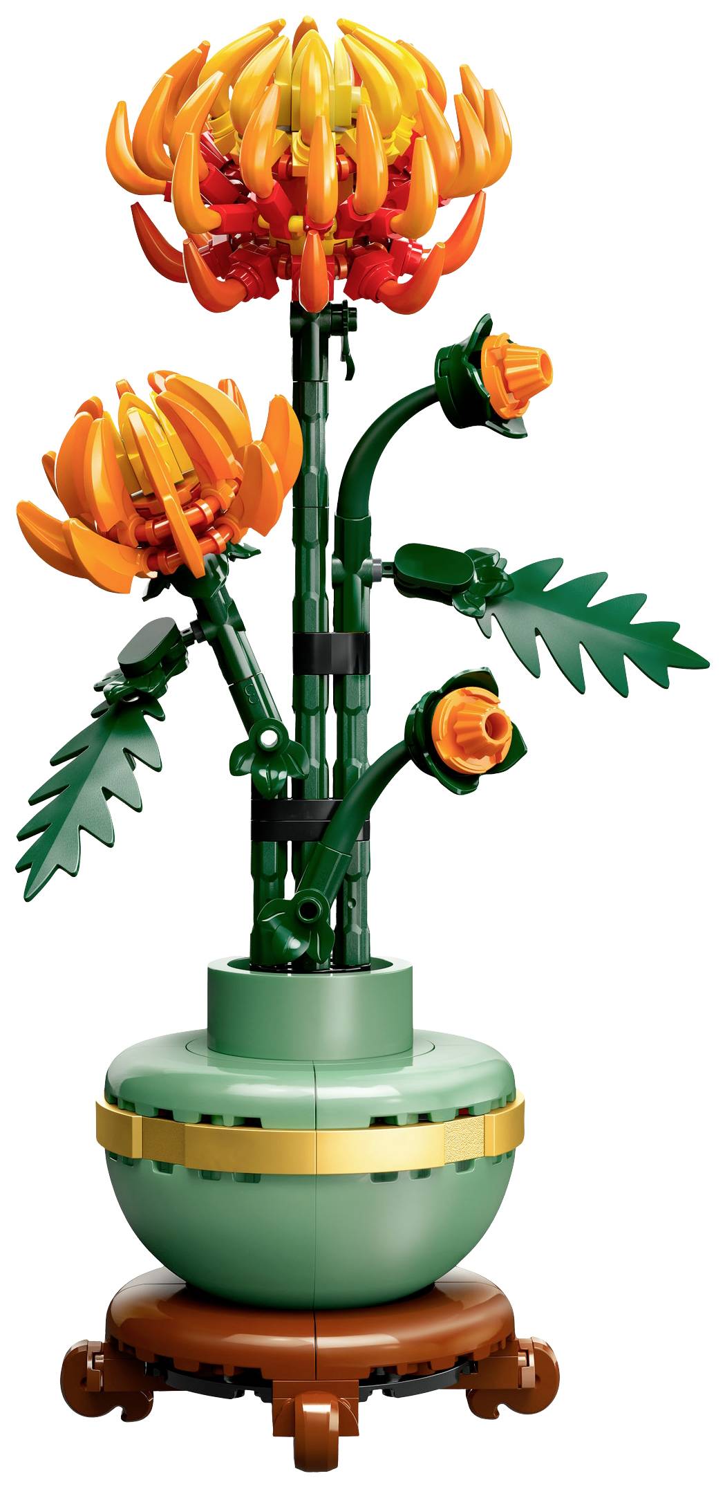 En Lego-model af en blomstrende chrysanthemum i en krukke, bestående af orange blomster og grønne blade.