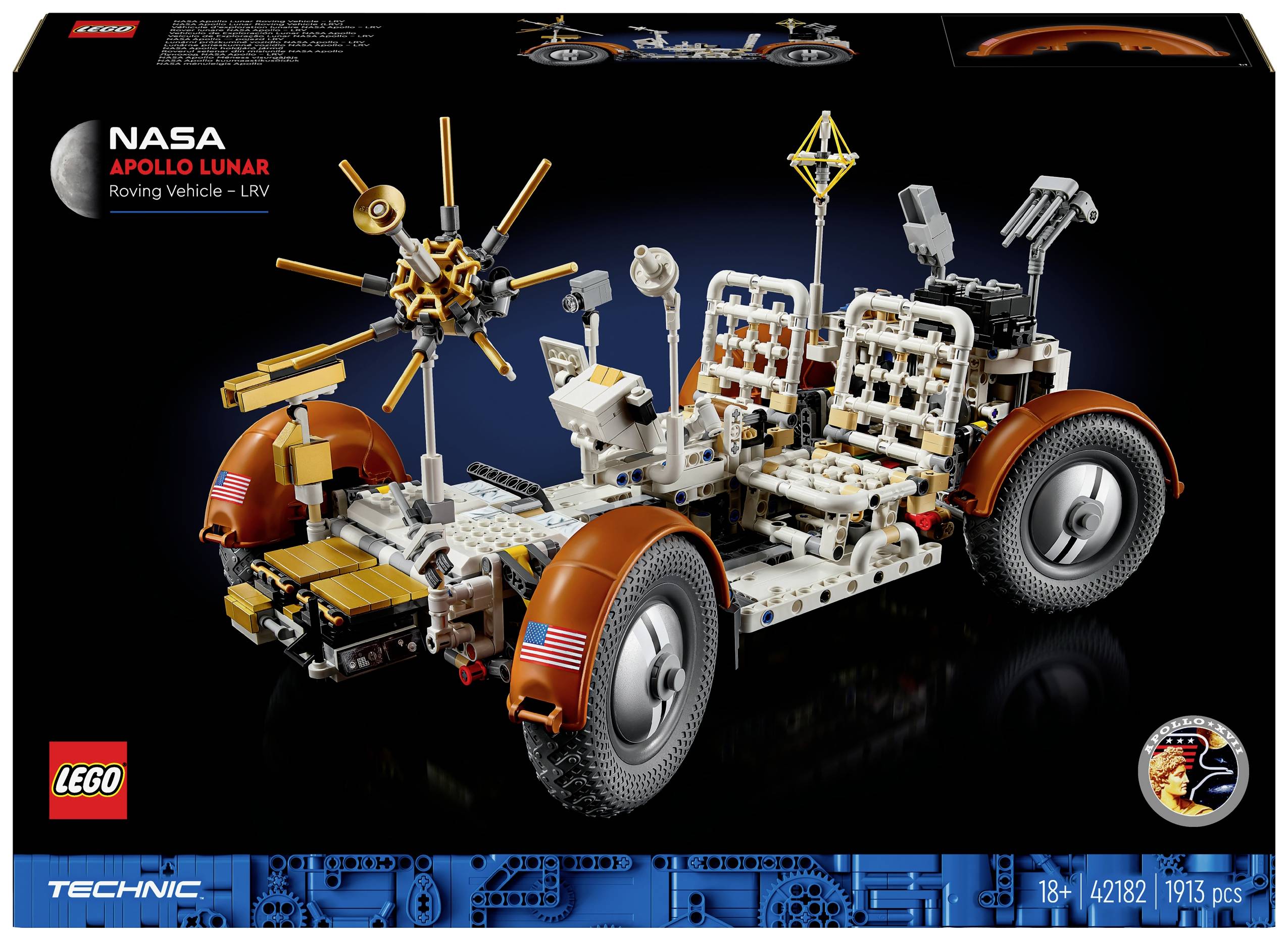 LEGO-byggesæt af NASA Apollo Lunar Roving Vehicle (LRV) med detaljeret fremstilling af køretøjet på emballagen.