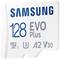 Samsung microSD-kort med 128 GB, EVO Plus-model, Klasse U3, til hurtig dataoverførsel og høj lagringskapacitet.