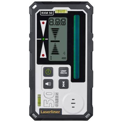 Billedet viser en laserdistancemåler med et display, hvor en afstandsmåling vises. Knapper til skift af enheder og andre funktioner er synlige.