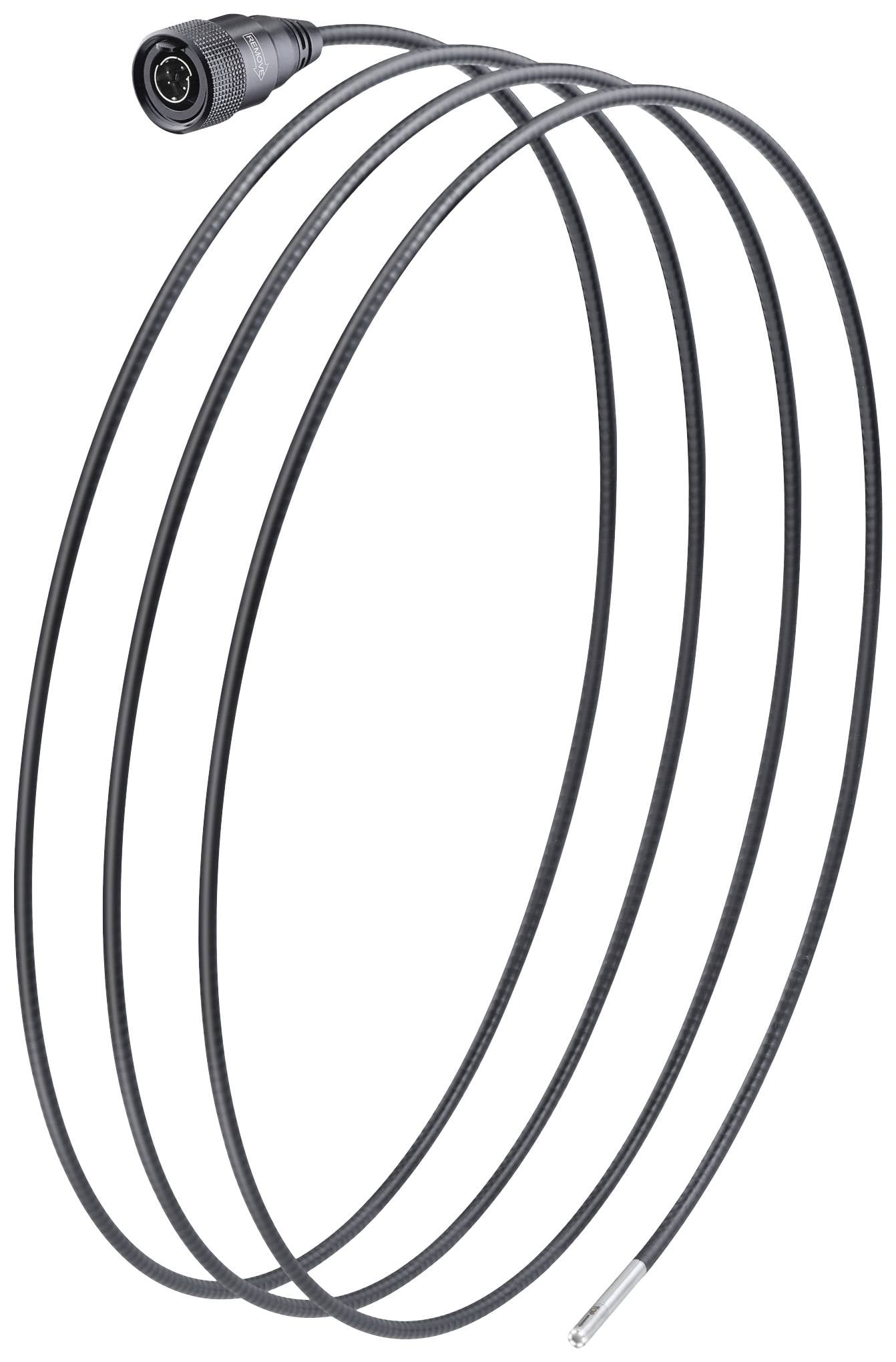 Langt, tyndt, sort kabel med en rund stik i den ene ende og en metalspids i den anden ende, typisk til tekniske anvendelser.