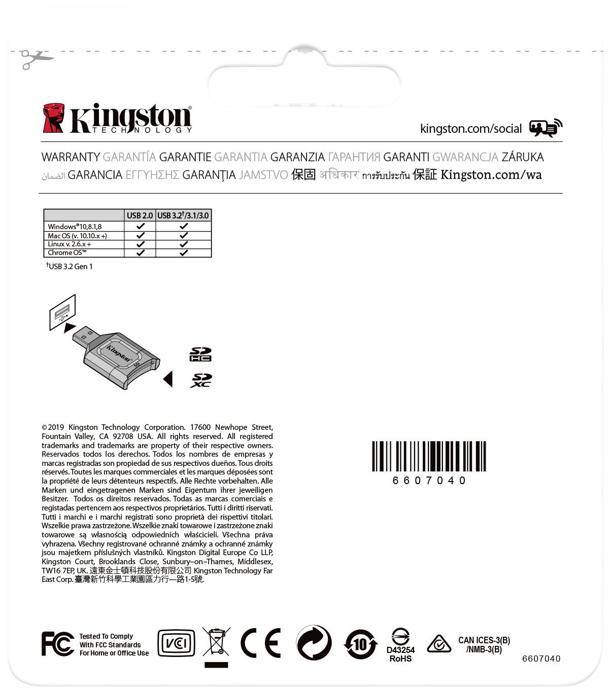 Emballagen viser en Kingston USB 3.2 Gen 1-enhed med tekniske specifikationer og garantioplysninger på flere sprog.
