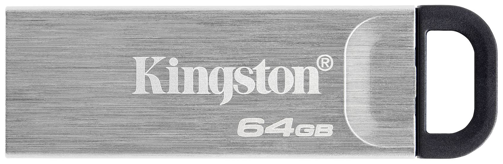 USB-stik med metalcover, hvorpå der står 'Kingston' og '64GB'.