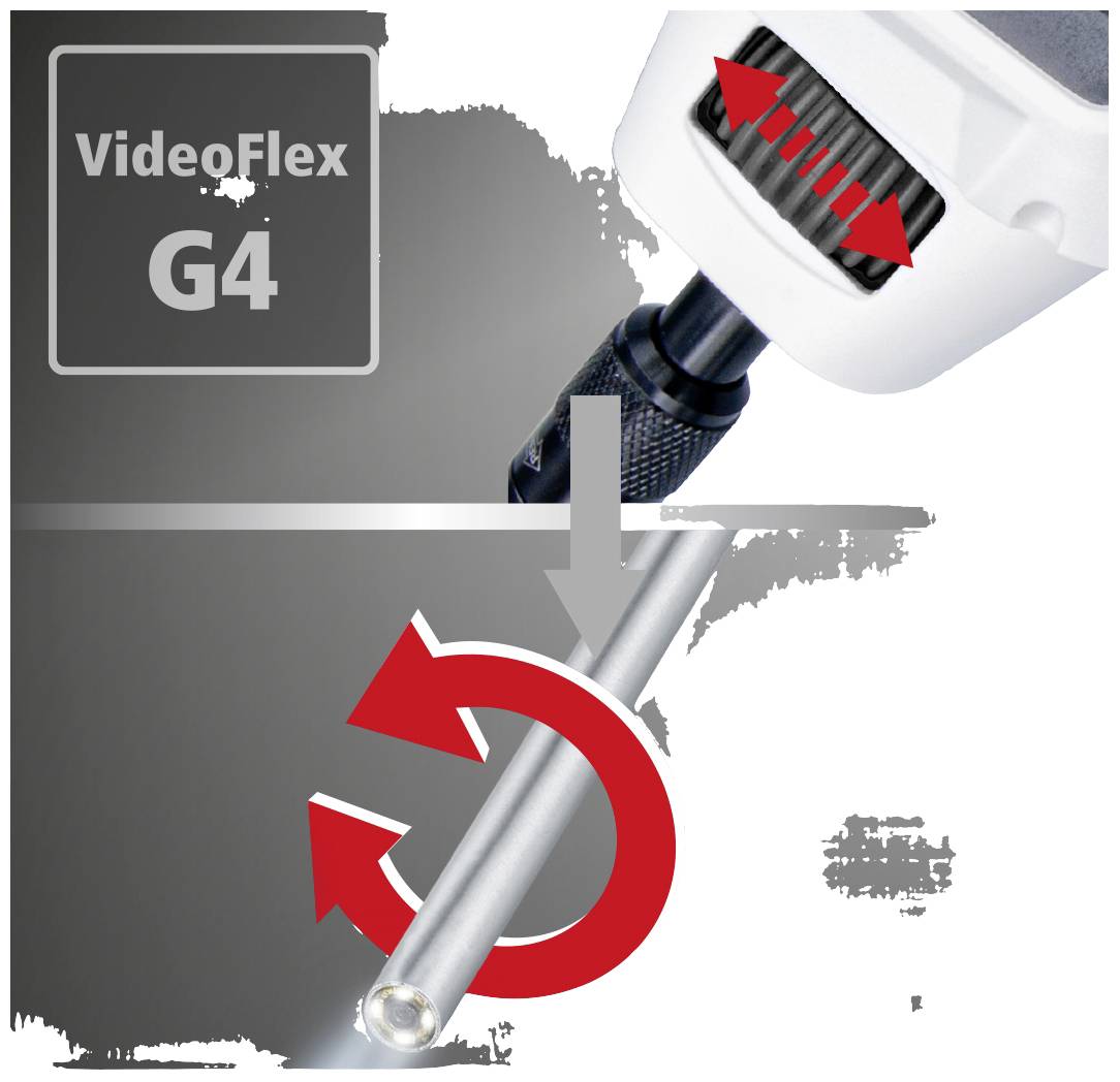 Endoskop-produktafbildning: 'VideoFlex G4'. Viser et fleksibelt rør med rød pil for bevægelighed, roterbart hoved og fokusindstilling.