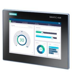 En Siemens SIMATIC HMI-skærm viser et dashboard med en speedometer ved 30, søjlediagrammer og en cirkulær datadisplay.