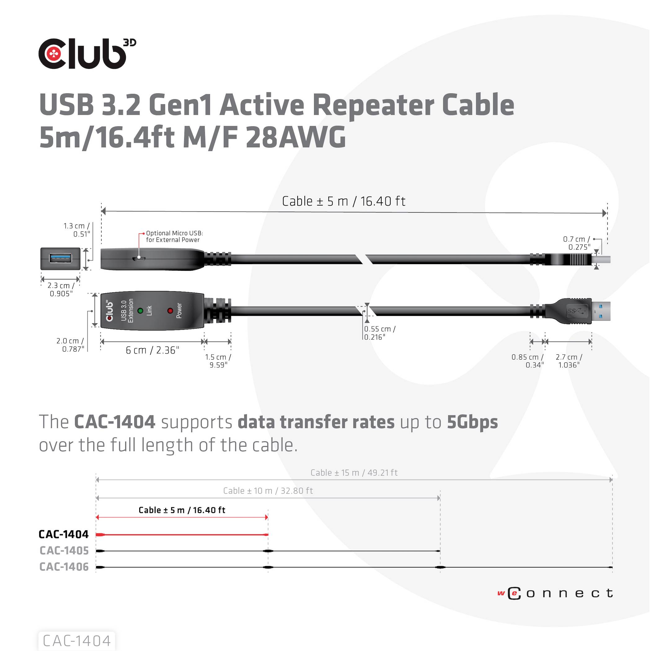 USB 3.2 Gen1 aktivt repeaterkabel 5m/16,4 fod M/F 28AWG med dataoverførselshastigheder op til 5 Gbps. Viser forskellige kabellængder.