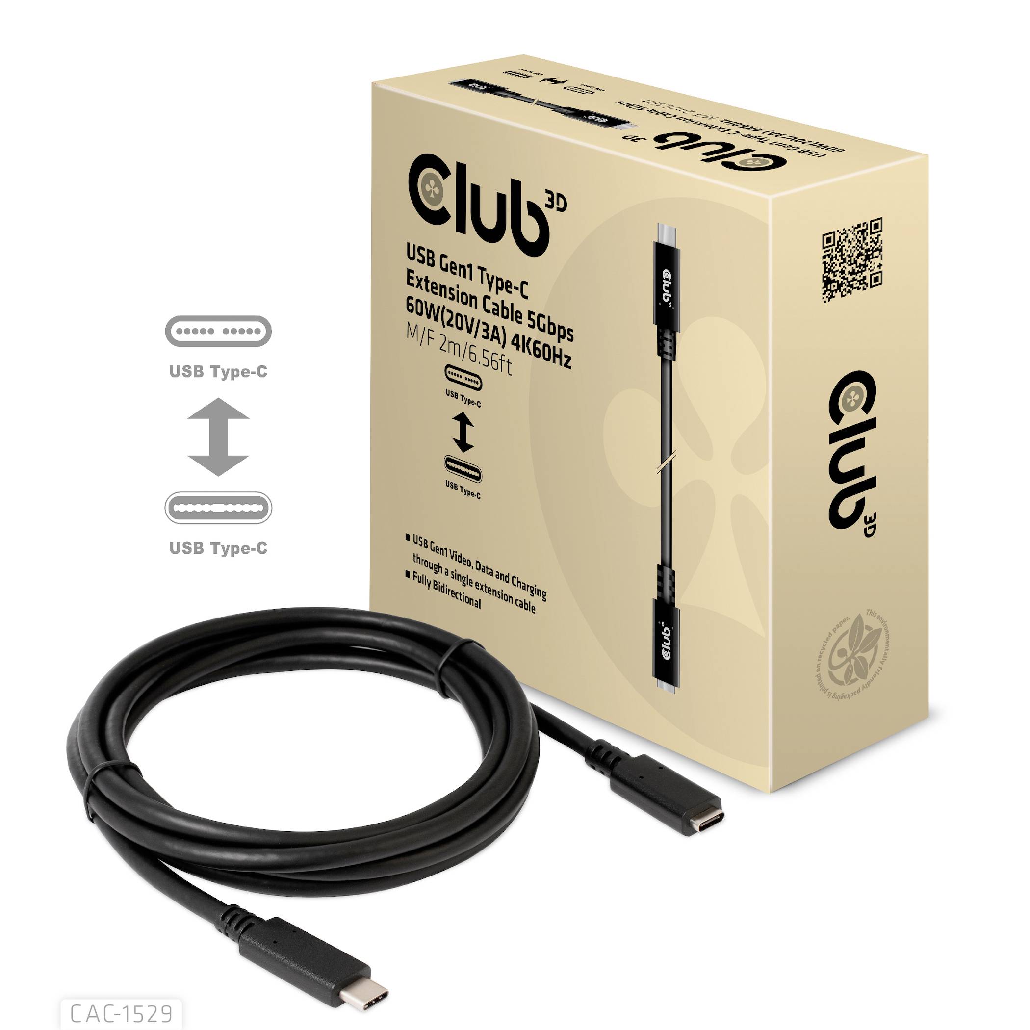 USB Type-C forlængerkabel, 2m, 60W, 5Gbps, beige emballage med illustrationer og logo, produktnummer CAC-1529.