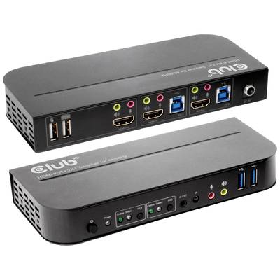 To KVM-switche i sort med tilslutninger til USB, HDMI og lydkabler, vist på en hvid overflade.
