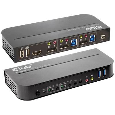 KVM-switch med flere tilslutninger, herunder USB, HDMI, DisplayPort og lydstik; to enheder med sort kabinet.