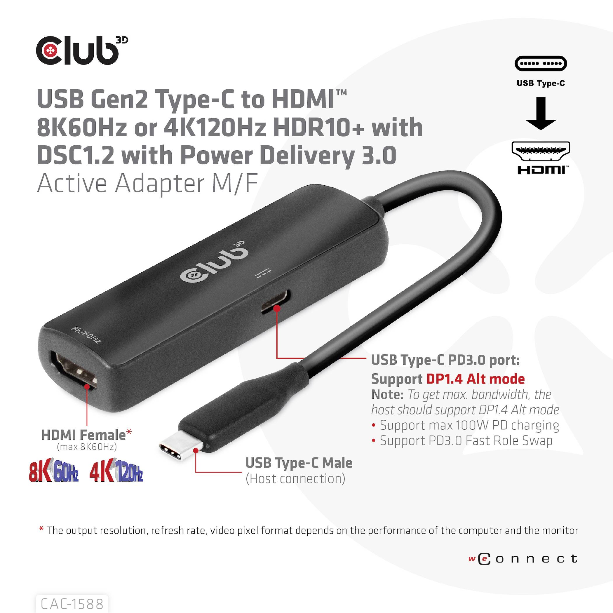 USB-Adapter Club 3D: USB-C til HDMI Gen2, understøtter 8K60Hz / 4K120Hz. Indeholder HDMI-port, USB-C-stik. Understøtter HDR10+, DP1.4 Alt-tilstand.