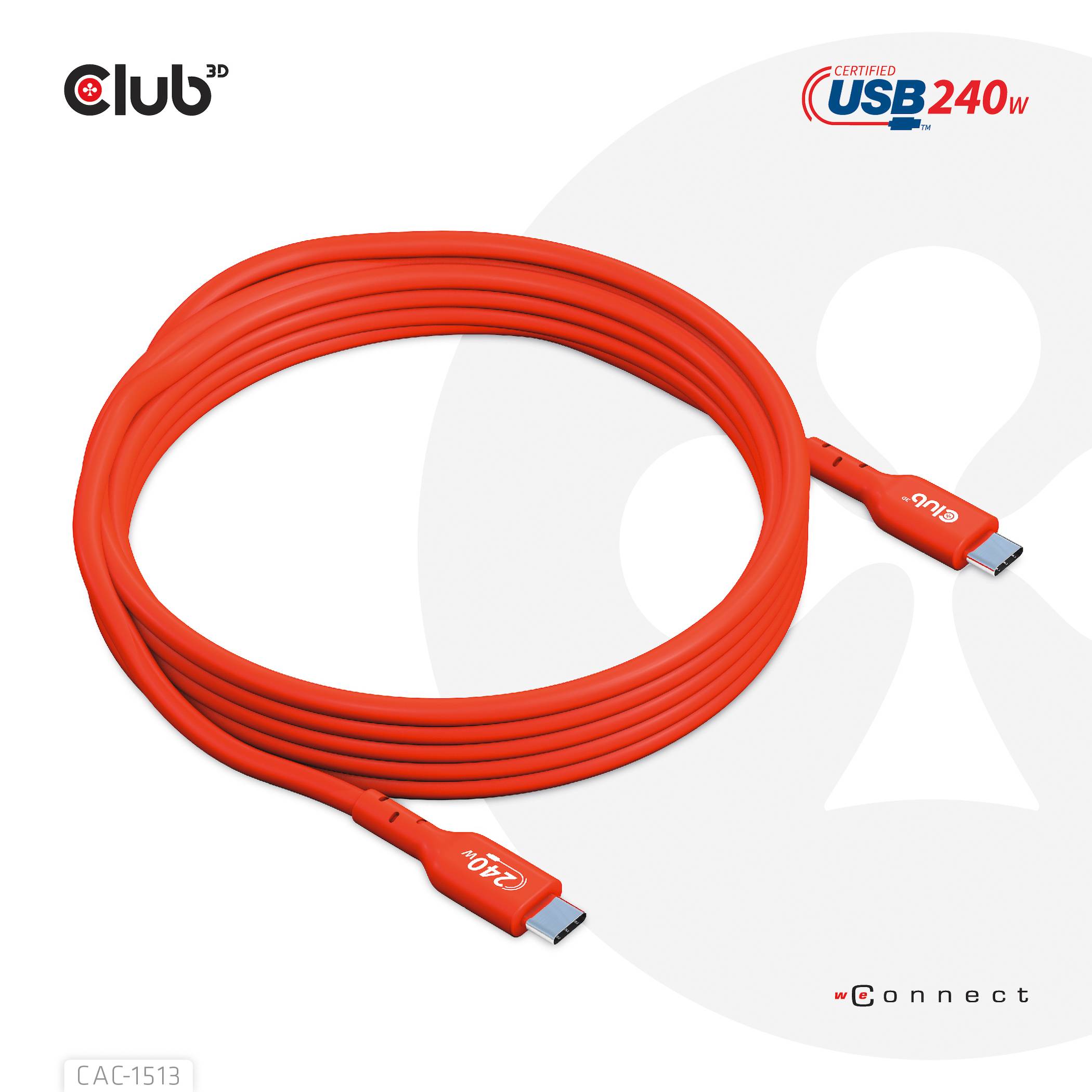Rødt USB-C-kabel med 240W effekt, med påskriften '240W' på stikkene, spiralformet på hvid baggrund.