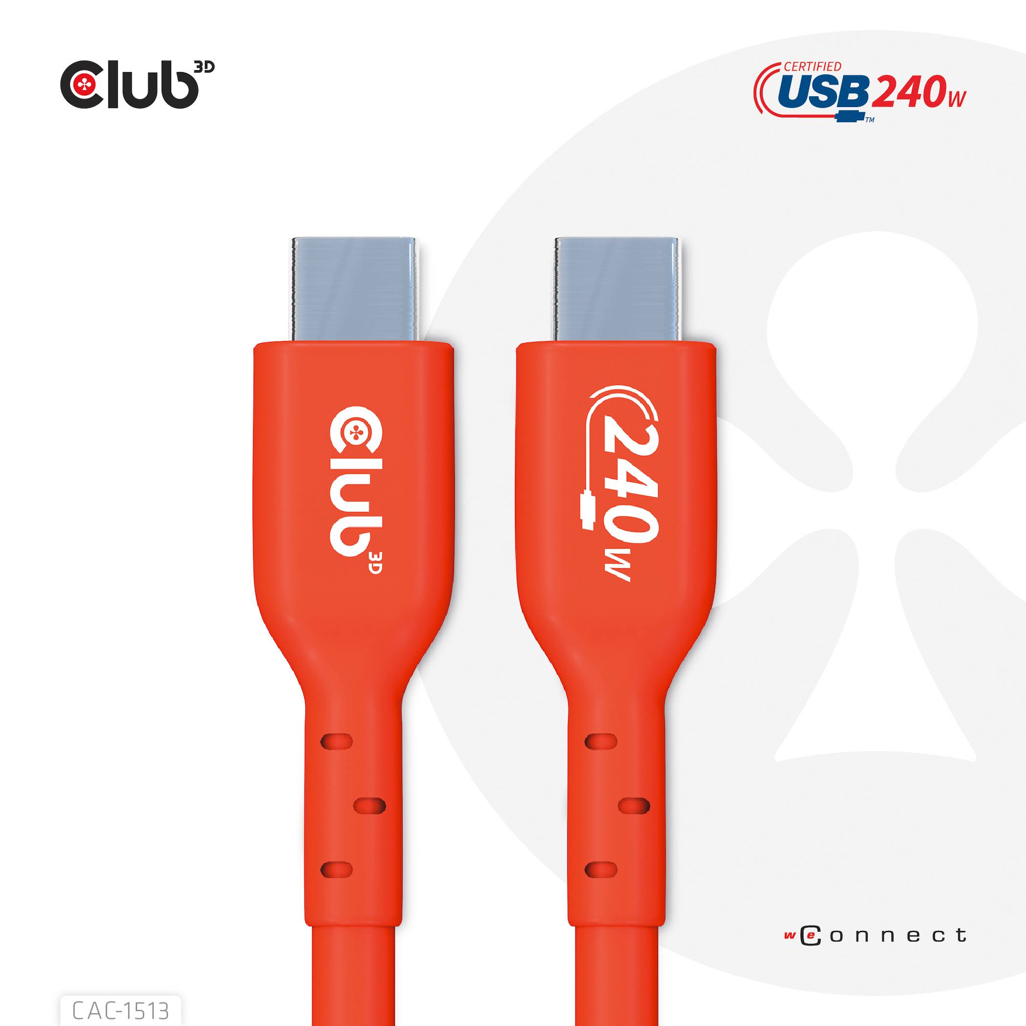 To rød USB-C-kabler med påskrifterne '240 W' og 'USB 3.2 Gen 2'. I baggrunden ses et gråt logo.