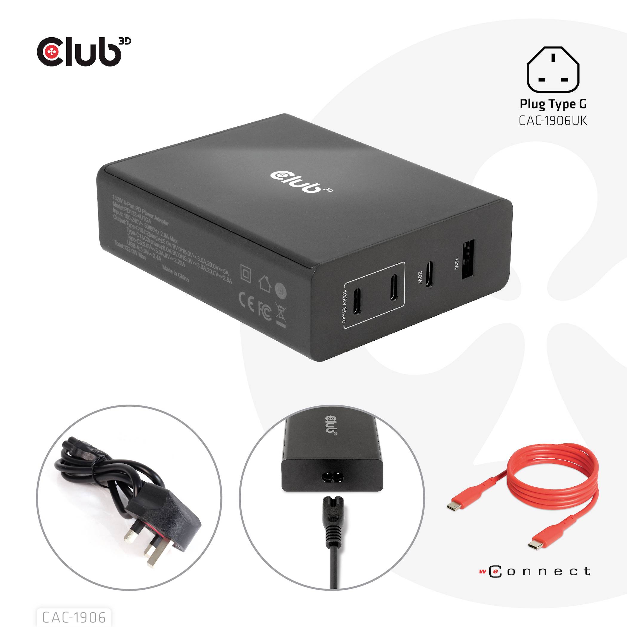 Et sort oplader med flere USB-porte vises. Nederst til venstre et aftagelig kabel, til højre et rødt USB-C-kabel.
