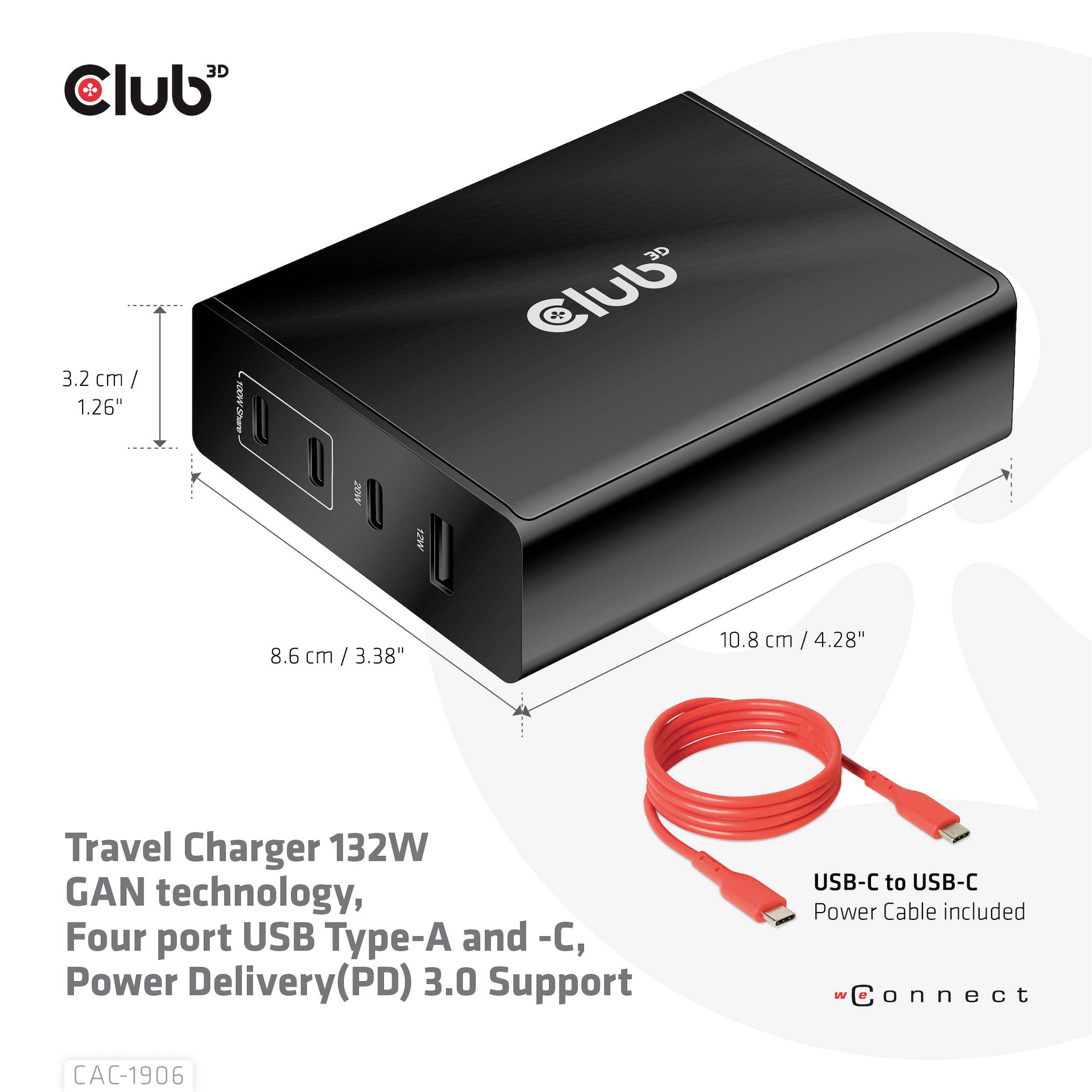 Billedet viser en sort rejseoplader med GAN-teknologi fra Club, med fire USB Type-A og -C porte, 100W effekt, ledsaget af et USB-C til USB-C kabel.