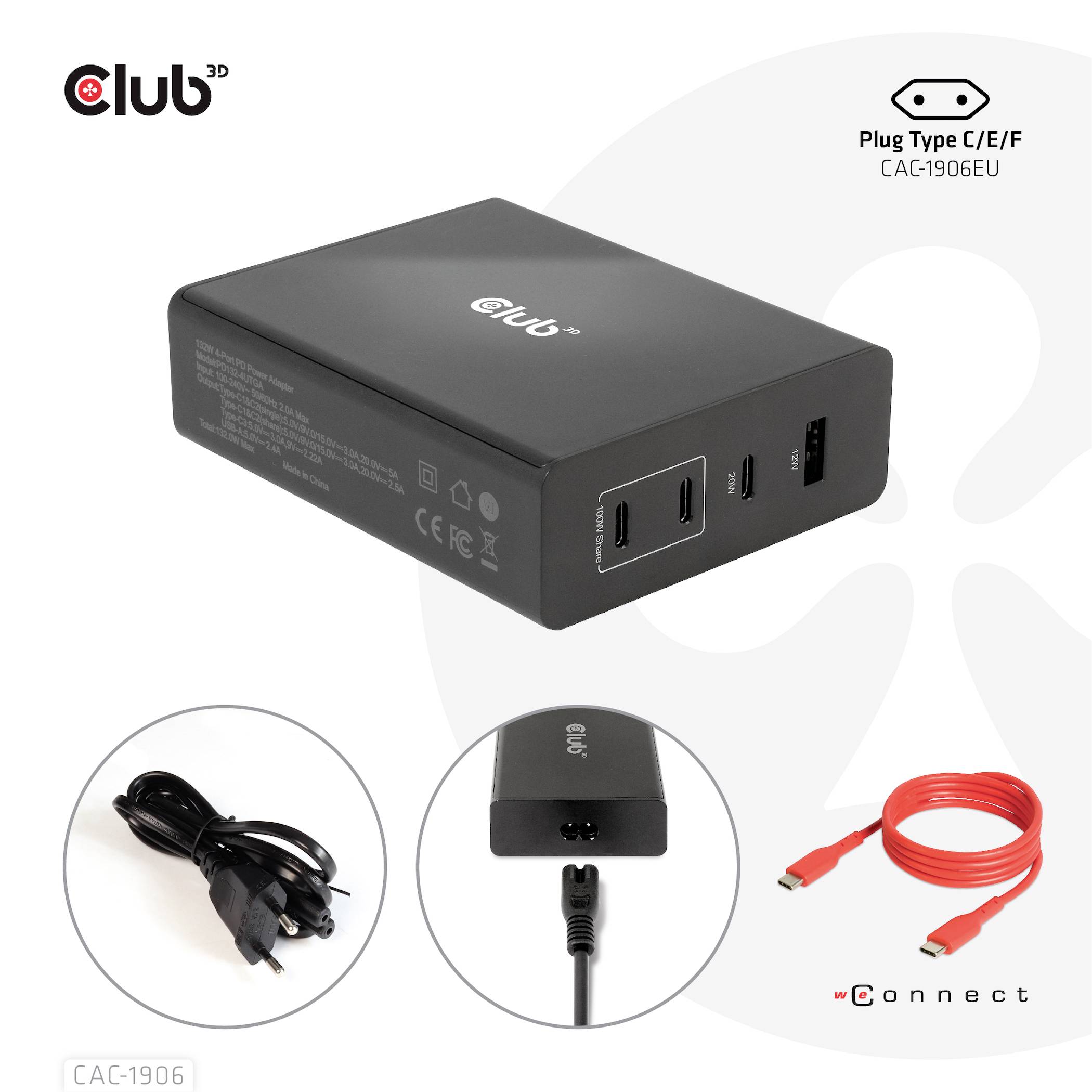 Multistik-adapter 'Club 3D' med flere USB-porte. Inkluderer netledning og rødt USB-C-forbindelseskabel. Adapterstik C/E/F.