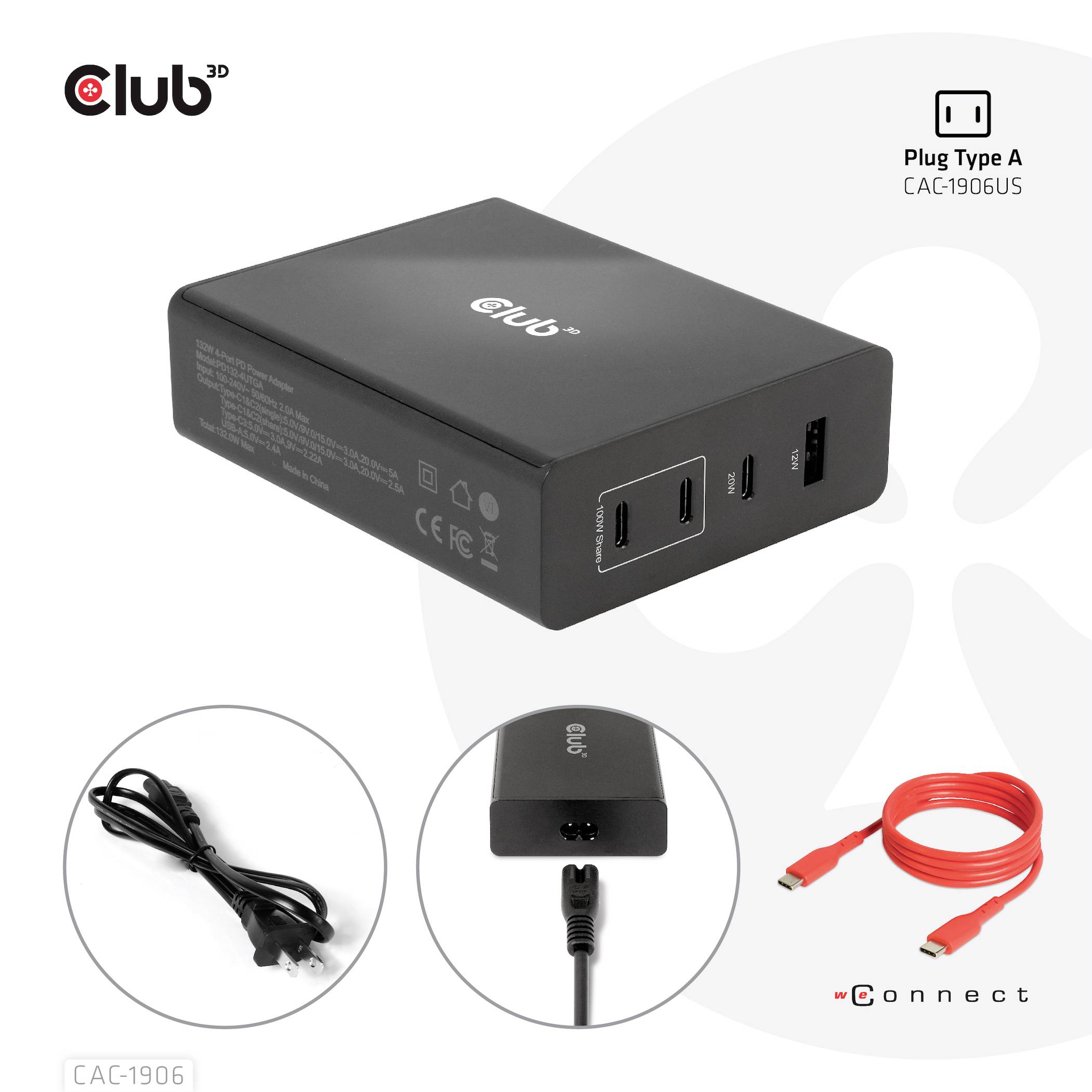 Et sort oplader med flere USB-porte, herunder USB-C. Tilbehør: et strømkabel og et rødt USB-C-kabel.
