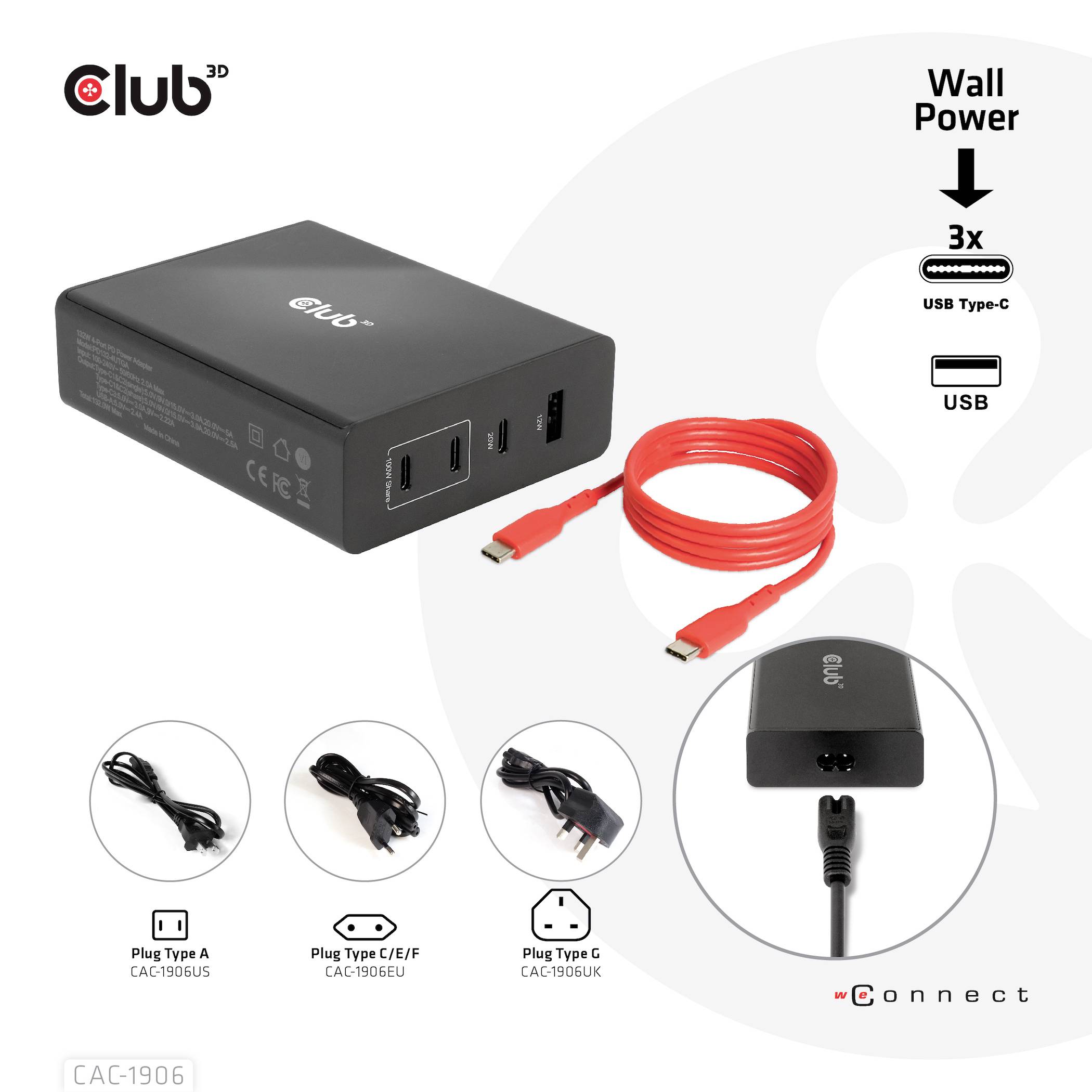 Sort Club3D-strømforsyning med USB-C og USB-A-porte. Indeholder et rødt USB-C-kabel og tre udskiftelige stik for verdensomspændende kompatibilitet.