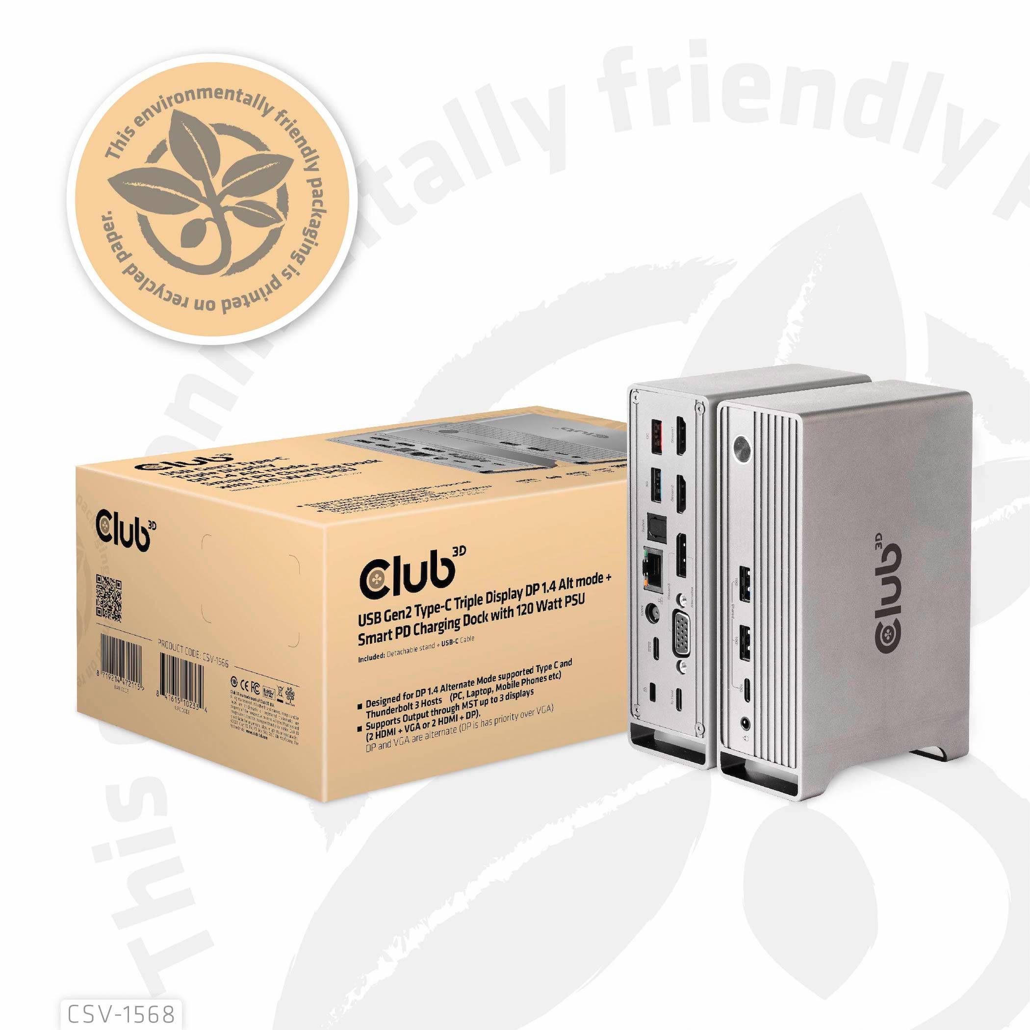 USB-C til Triple Display Dock-station med 100W PD og strømforsyning. Emballage og enhed med forskellige tilslutninger og miljøcertificering.