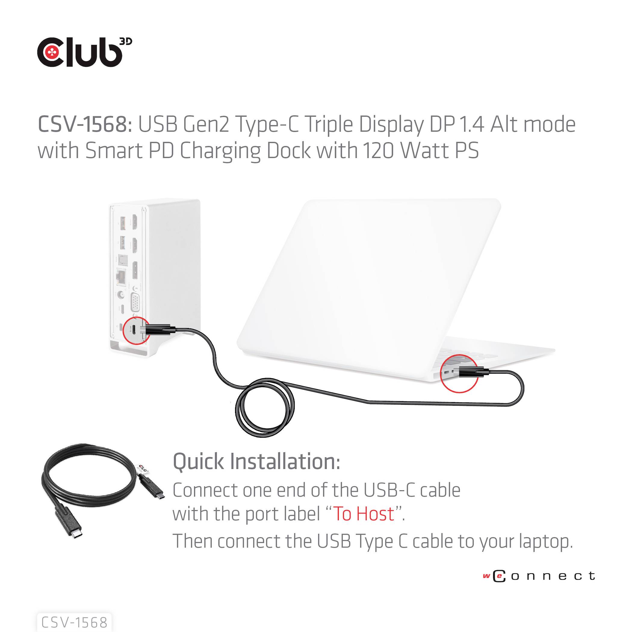 Et USB-C-dock med flere tilslutninger forbinder en bærbar computer med en strømkilde. Instruktioner til tilslutning er synlige.