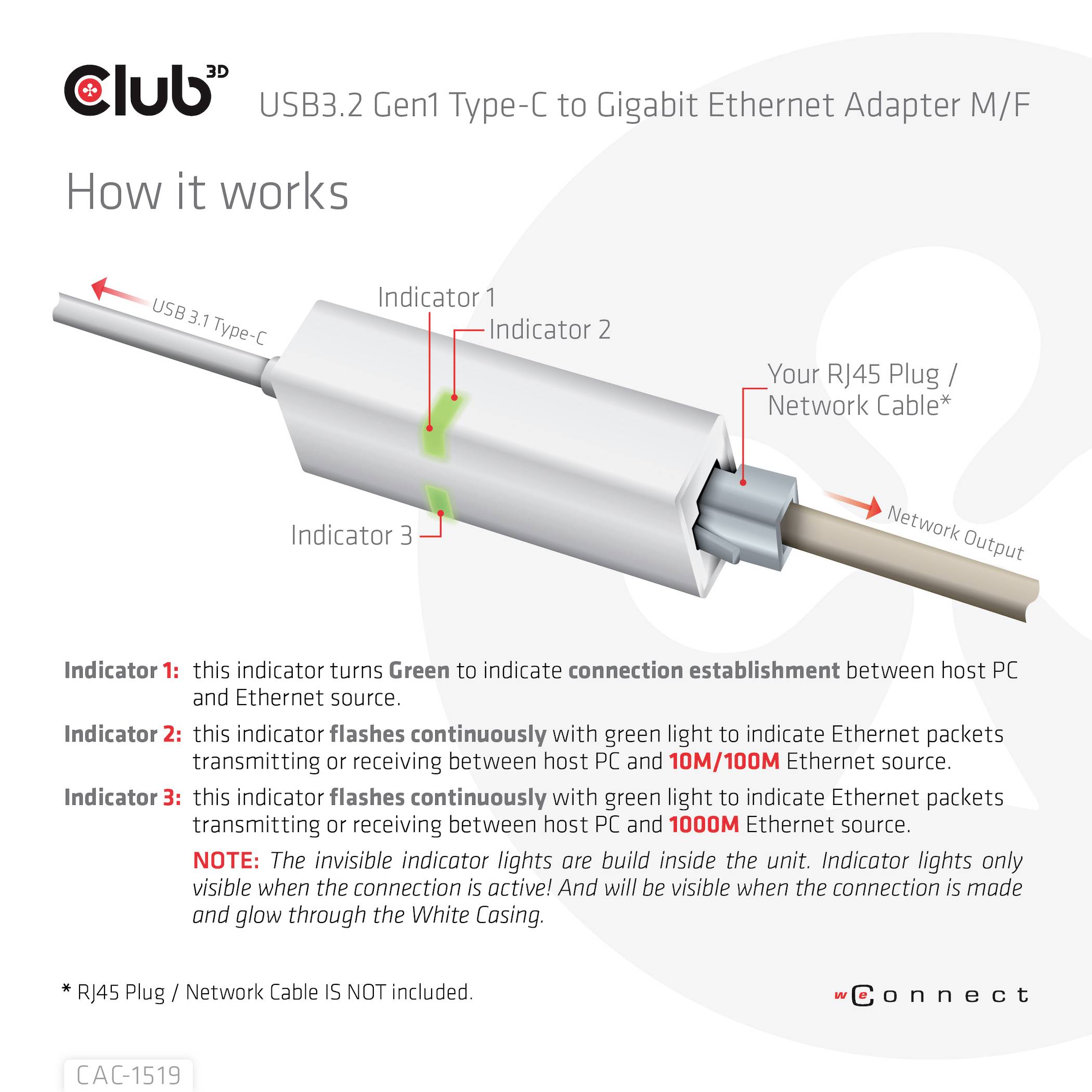 USB3.2 Gen1 Type-C til Gigabit Ethernet-adapter M/F viser funktionen med USB-C til RJ45. 3 indikatorer til forbindelsesvisning.