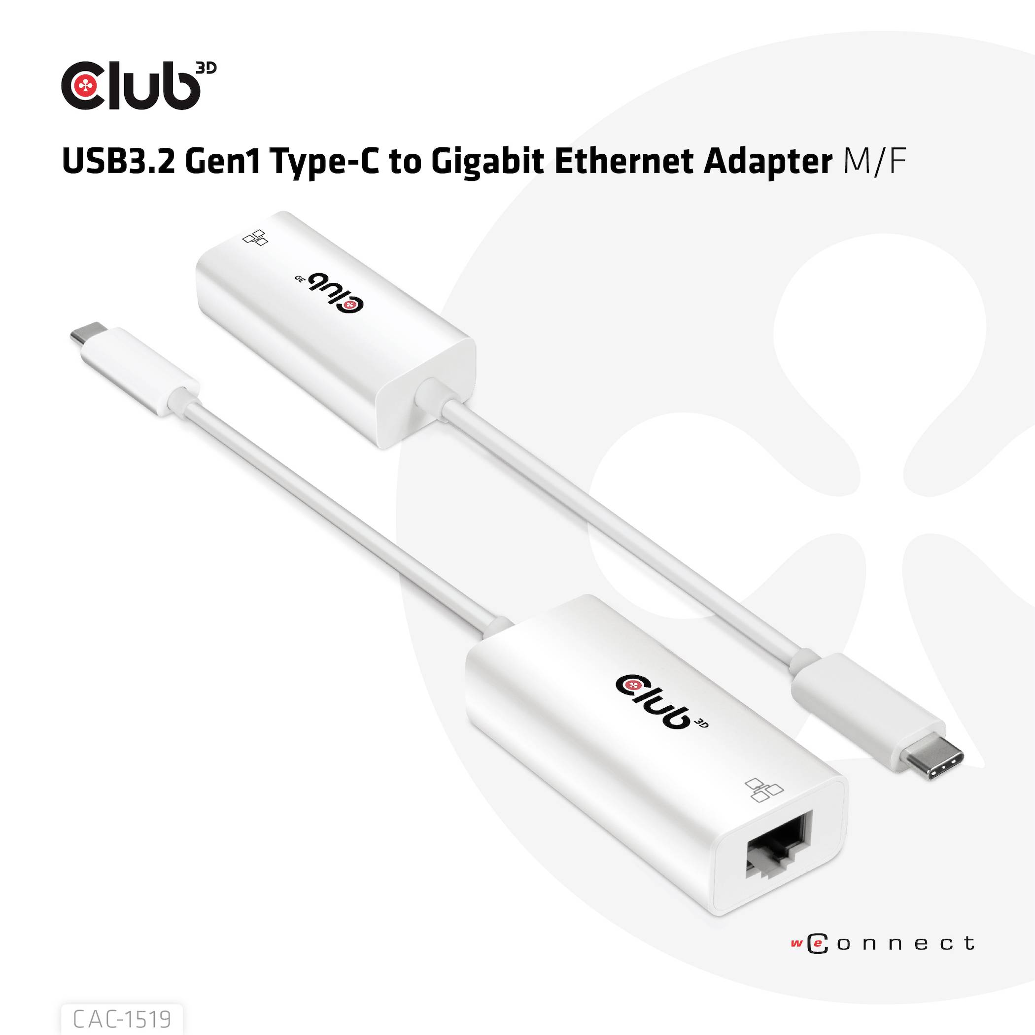 USB3.2 Gen1 Type-C til Gigabit Ethernet Adapter viser to hvide adaptere med USB-C og Ethernet-tilslutninger, mærket med 'Club 3D'.
