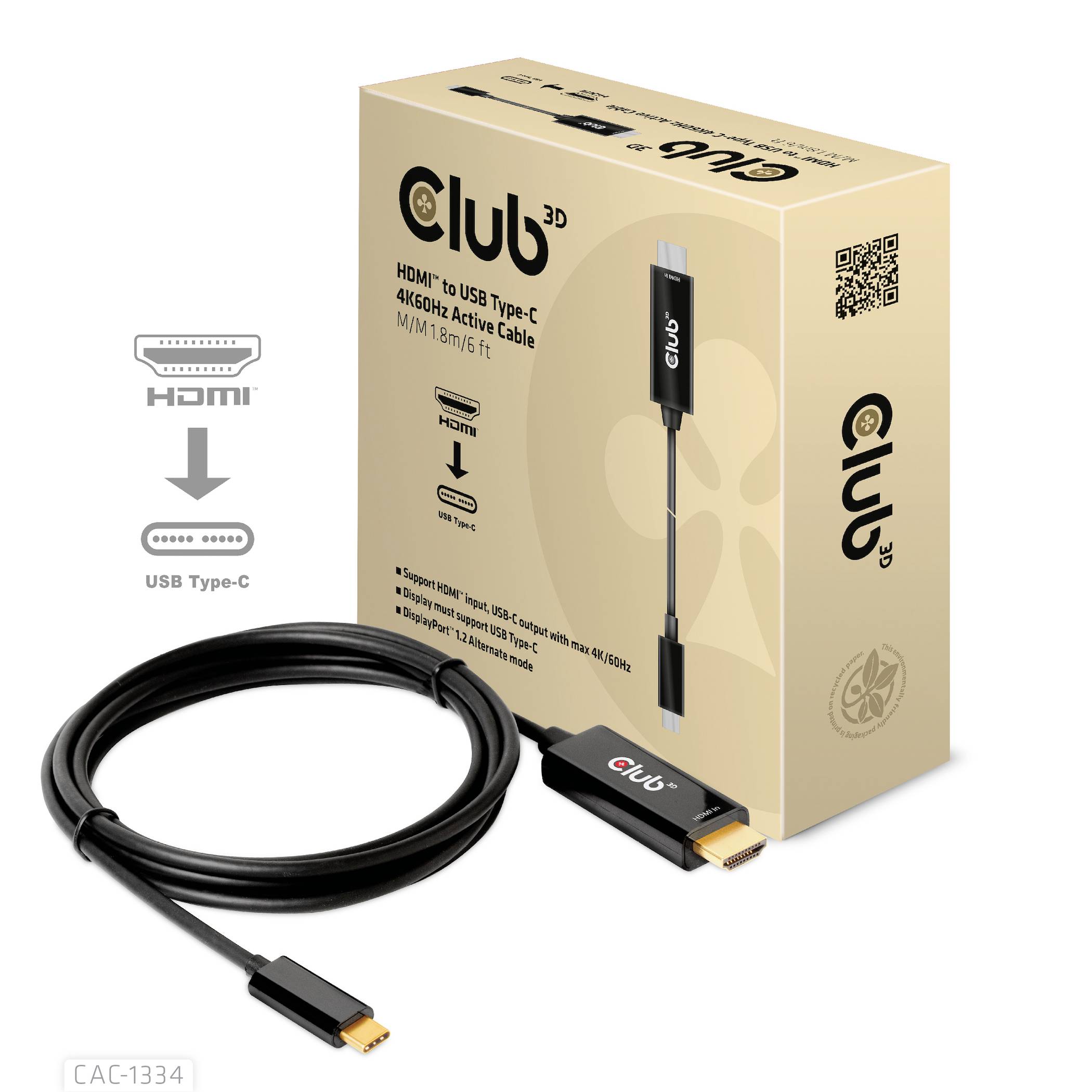 Emballage og kabel fra Club 3D, HDMI til USB Type-C, 4K60Hz, 10 fod langt kabel. Produktbilledet viser stikket og boksens design.