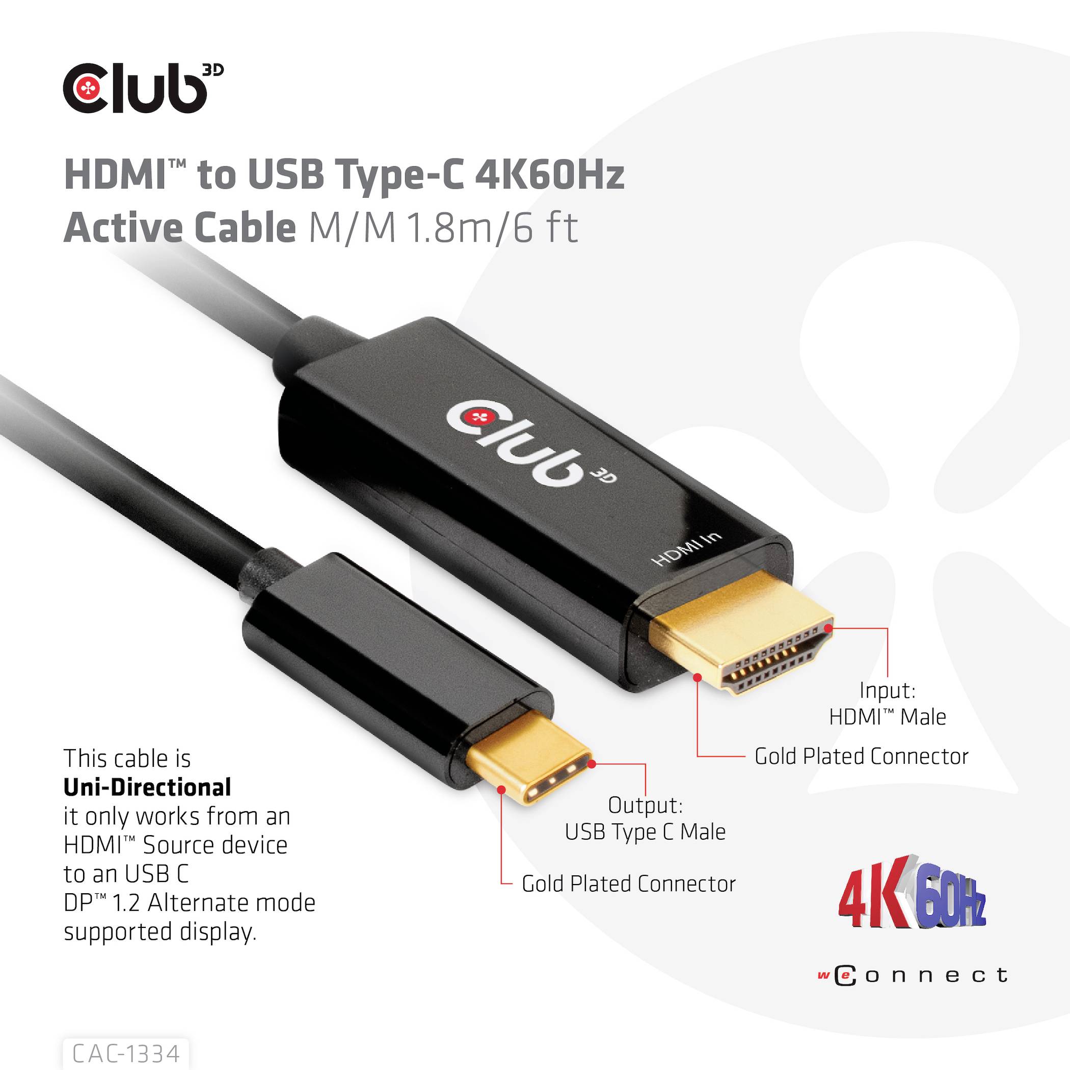 HDMI-til-USB Type-C 4K60Hz kabel, 1,8 m. Sort, forgyldte stik. Unidirektionel, forbinder HDMI-kilde med USB-C-enhed.