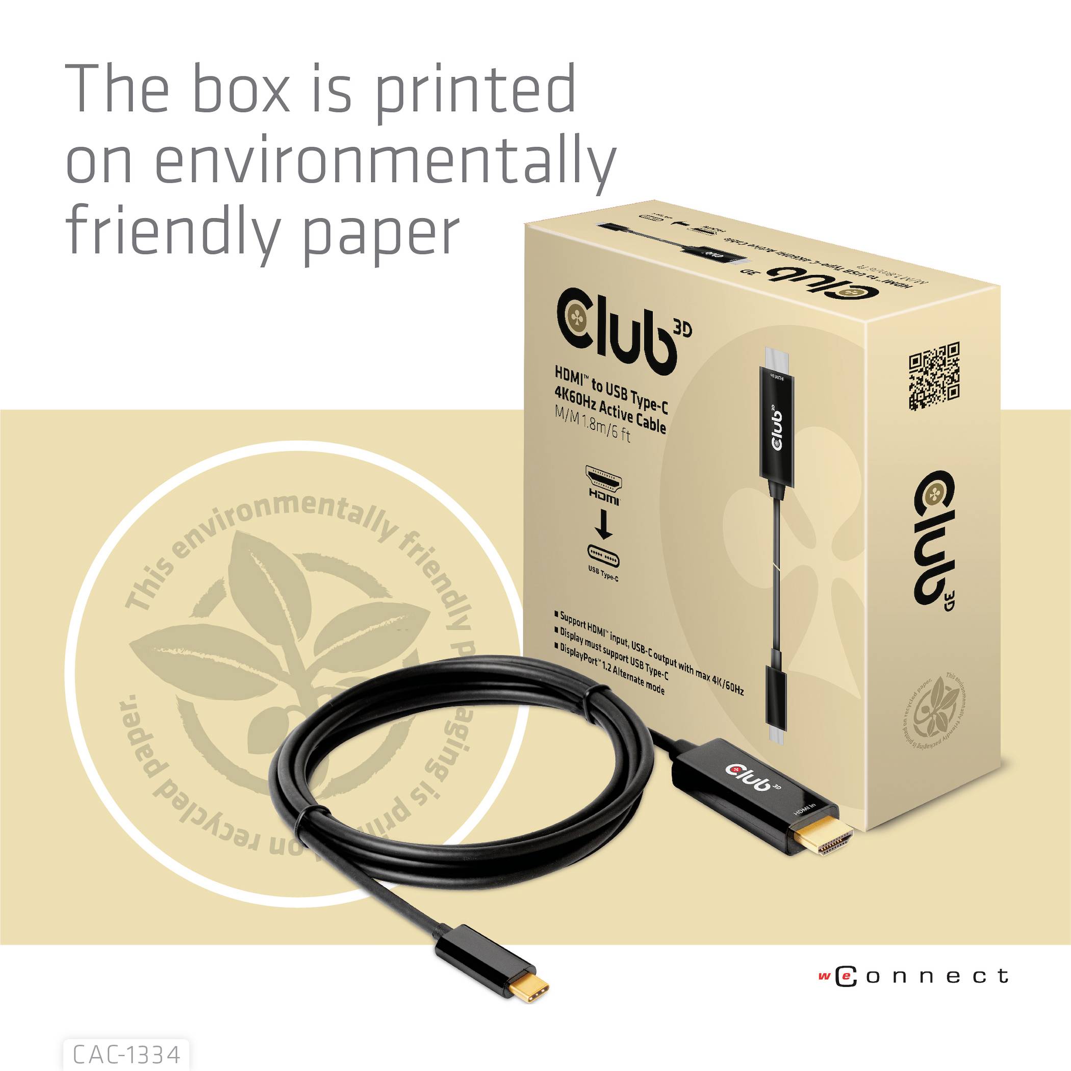 'Club-3D USB Type-C til HDMI Adapter', emballage trykt på miljøvenligt papir. Ved siden af emballagen er adapteren afbildet.