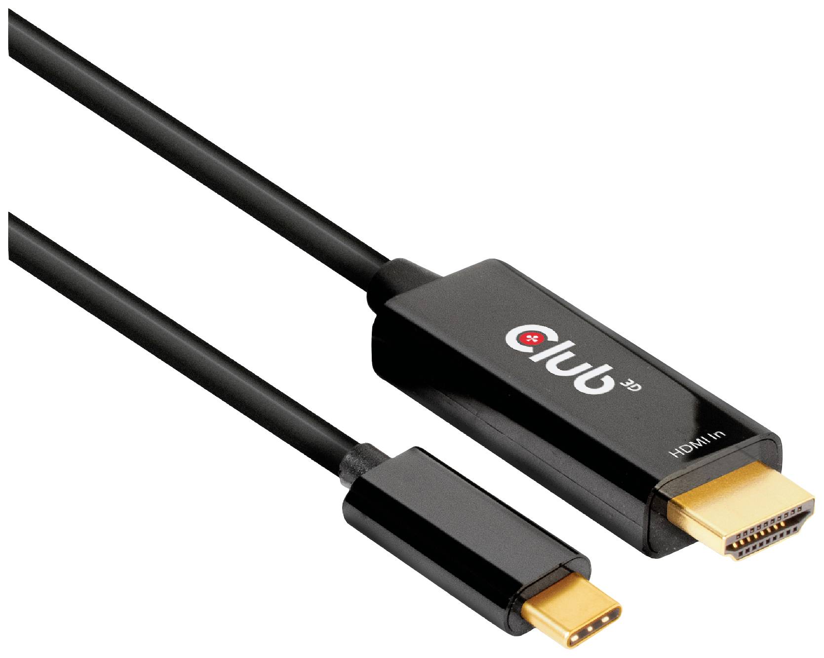 USB-C til HDMI-adapterkabel med sort kabinet og gyldne stik, egnet til at forbinde enheder med HDMI-skærme.