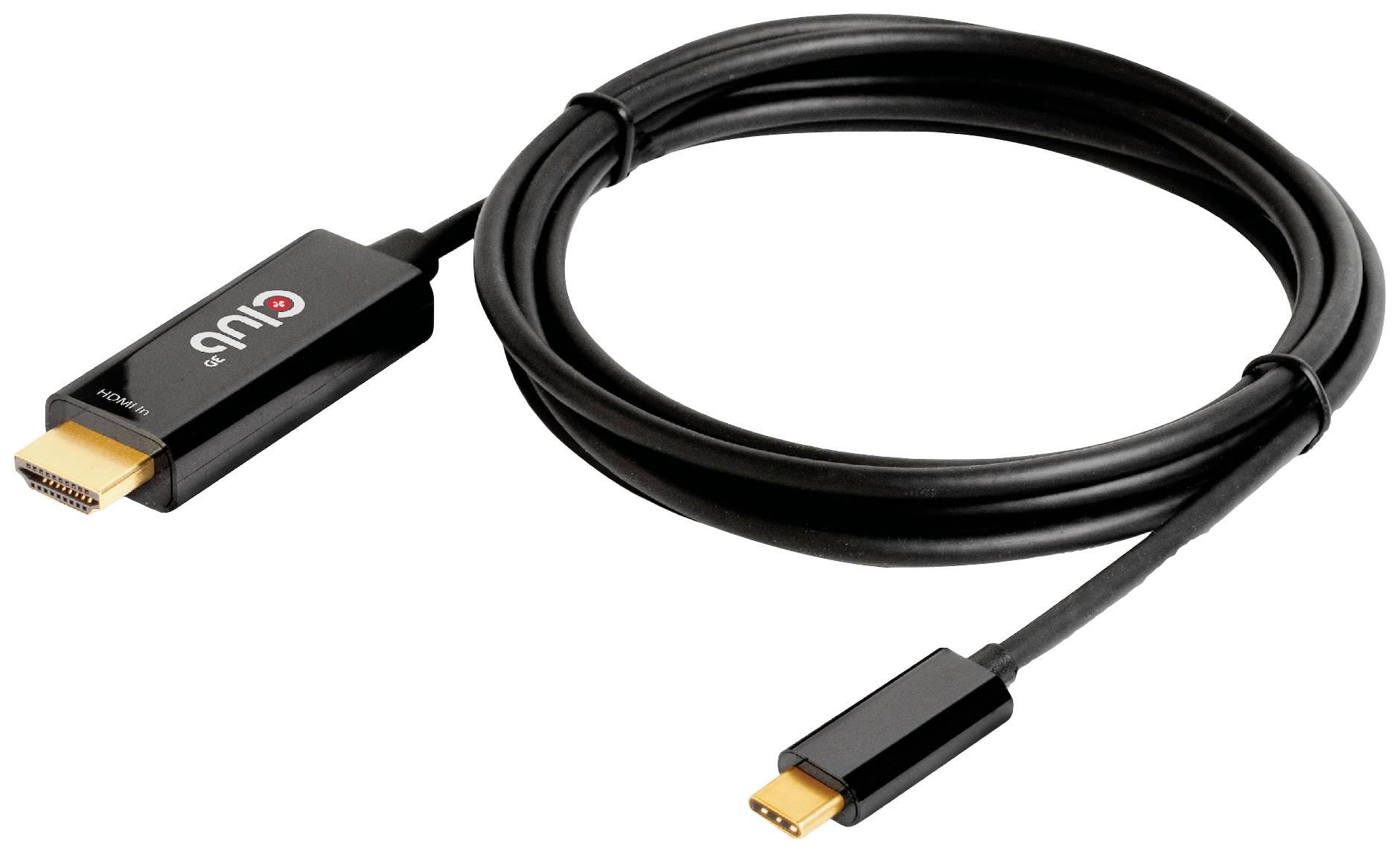 Et sort HDMI-til-USB-C-kabel, der bruges til at overføre lyd- og videosignaler mellem enheder.
