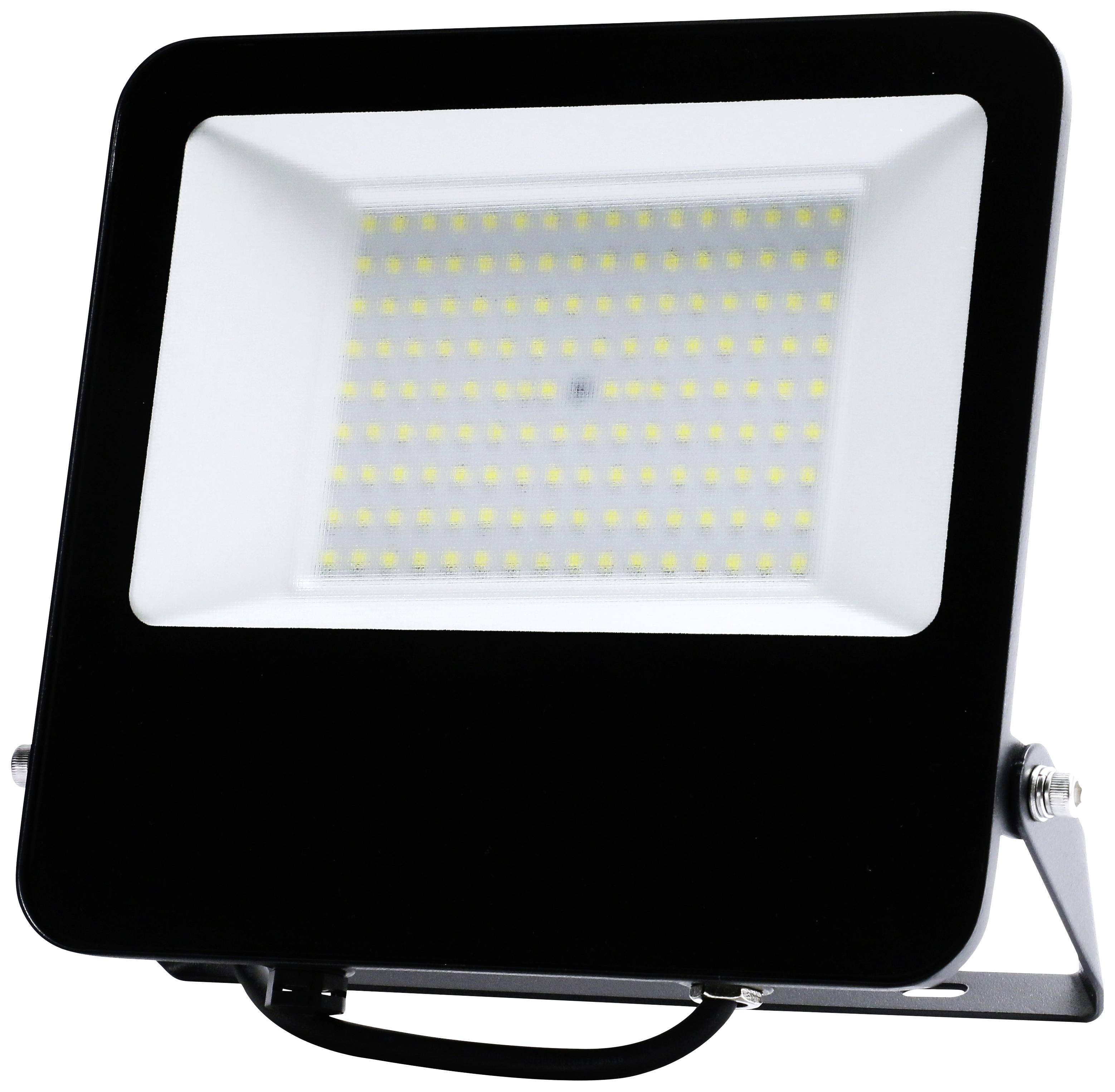 Sort LED-projektør med rektangulær kabinet og mange gule dioder, egnet til udendørs belysning.