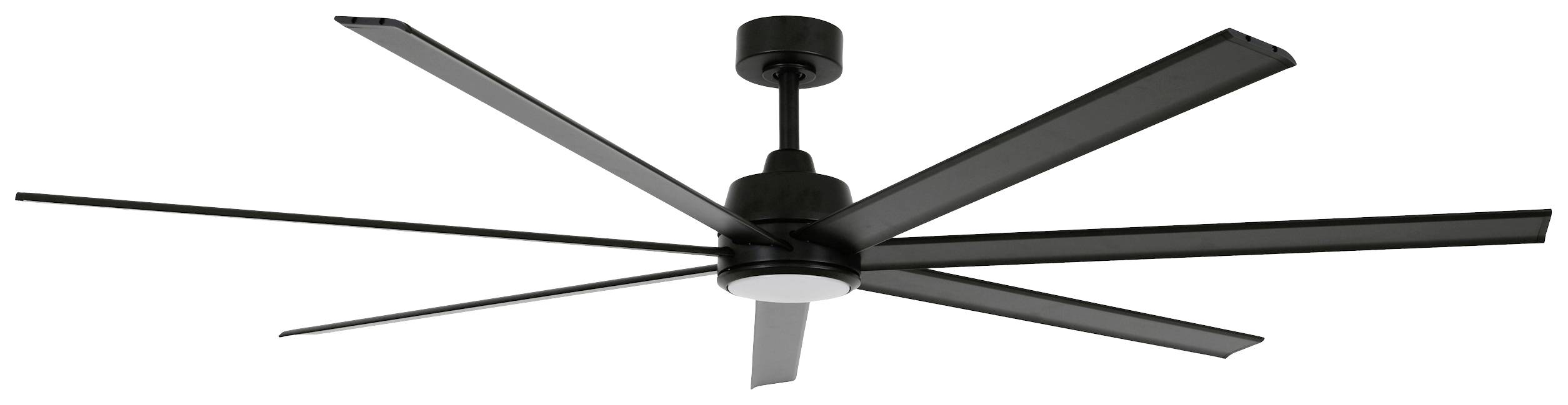 En sort loftsventilator med seks lange vinger i moderne design.