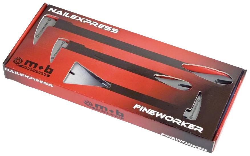 Emballage med to tænger. Etiketten viser teksten 'NailExpress' og 'Fineworker'. Design i rødt og sort.