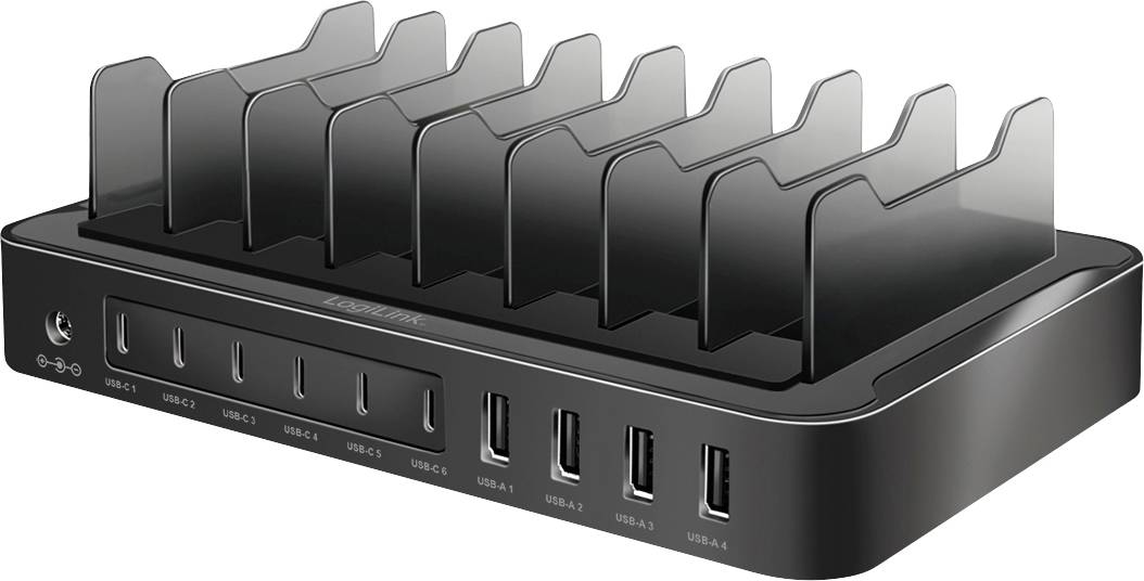 Sort USB-oplader med otte porte og flere gennemsigtige holder til organisering af enheder under opladning.