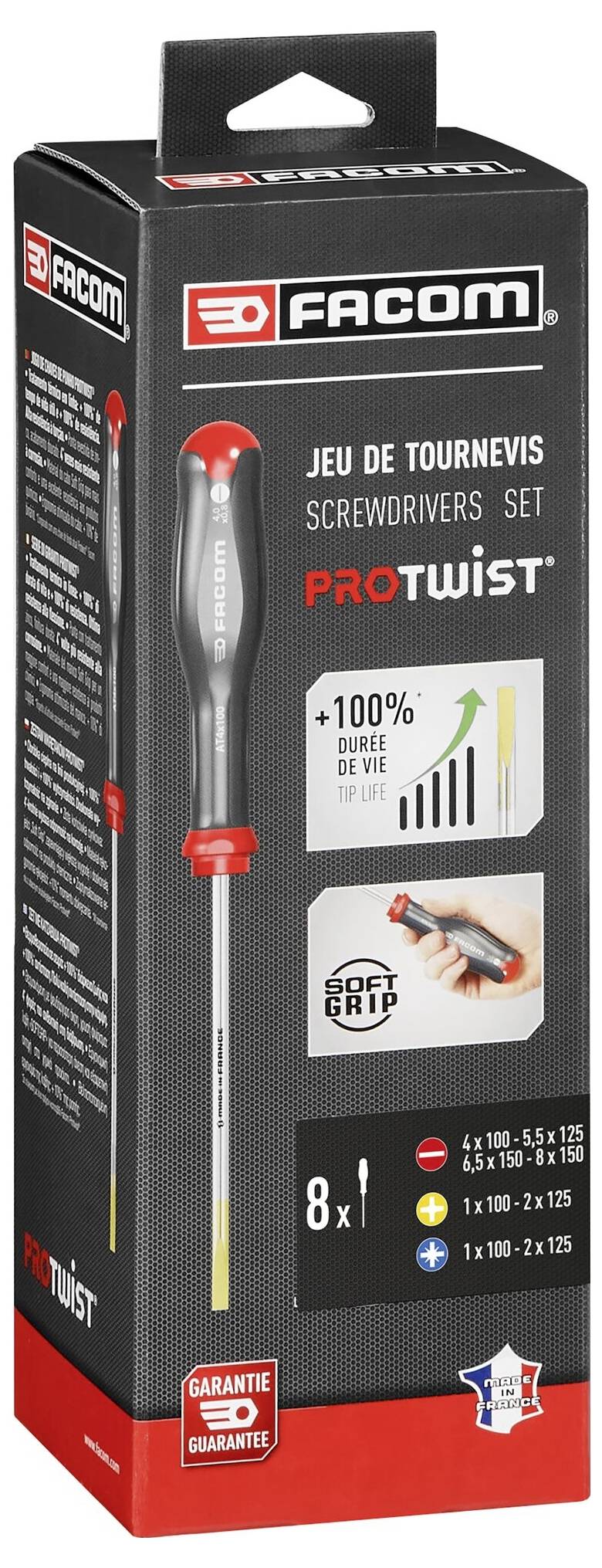 'Facom Protwist' skruetrækkersæt, 8-delt. Emballagen viser skruetrækkere og detaljer om grebsteknologien 'mere greb'.