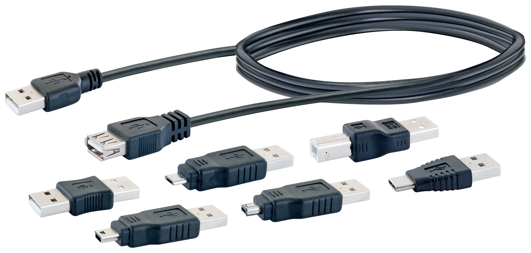 USB-kabel med forskellige stik, herunder USB-A, USB-B, Mini-USB og Micro-USB, på en hvid baggrund.