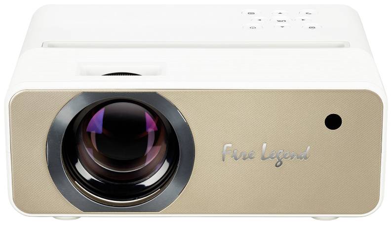 En hvid projektor med et stort objektiv i midten og teksten 'Fine Legend' på forsiden.