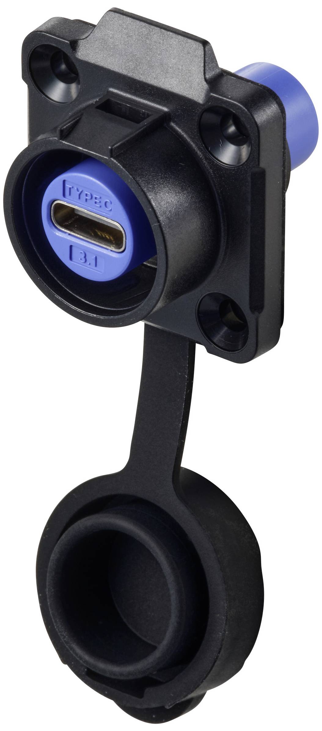 En USB Type C 3.1-port i et sort kabinet med en blå indvendig komponent og et aftagelig beskyttelsesdæksel nedenunder.