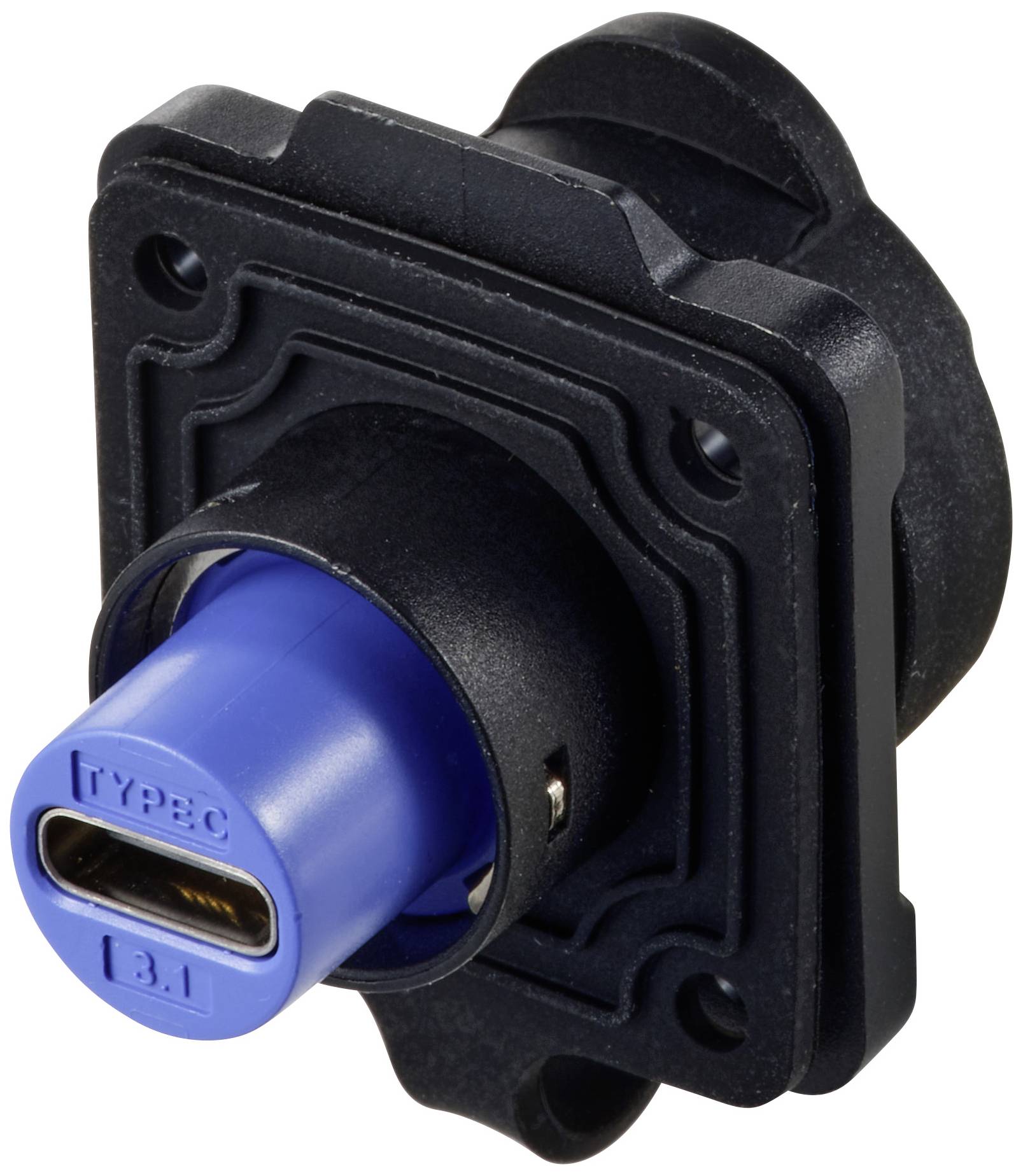 Sort USB-C 3.1-stik i en rektangulær sokkel med blåt indvendigt, egnet til industrielle anvendelser.
