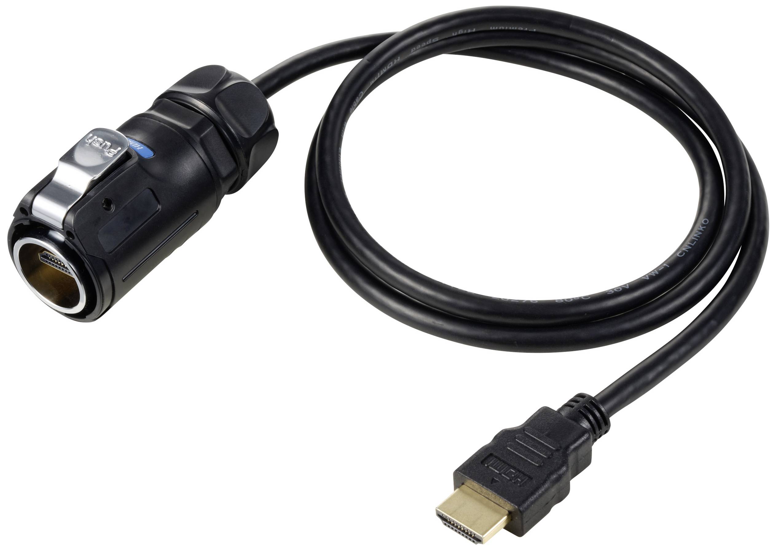 Et sort HDMI-kabel med robust stik på den ene side og en standard HDMI-stik på den anden side.