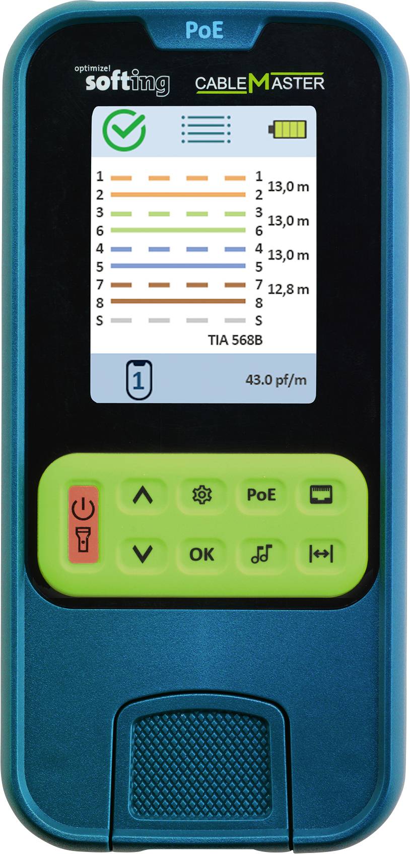 Softing CableMaster PoE håndholdt kabeltest-enhed viser lederkort, længdemålinger og bestået status på displayet, med testkontroller nedenunder.