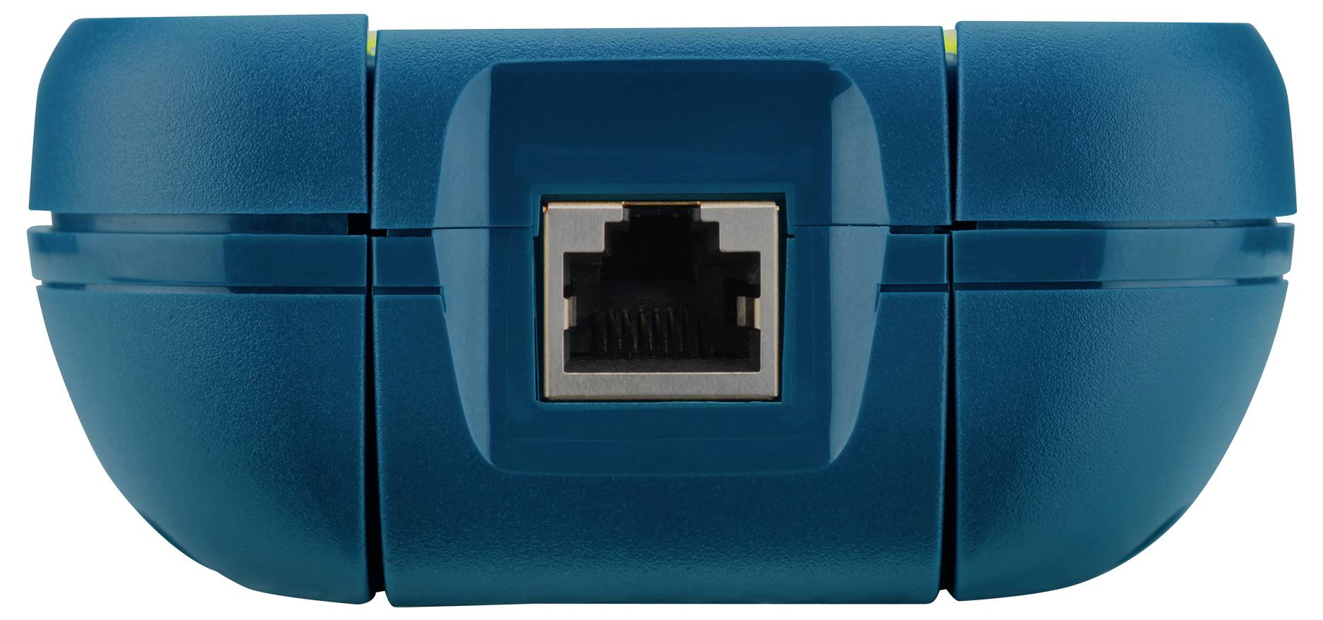 Blå Ethernet-port på en afrundet enhed, centreret og vist tæt på mod en hvid baggrund.