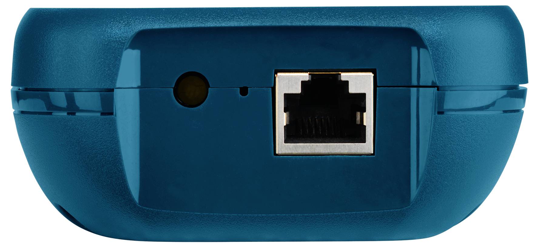 Nærbillede af en blå netværksenhed, der viser en Ethernet-port og et lille indikatorlys på frontpanelet.
