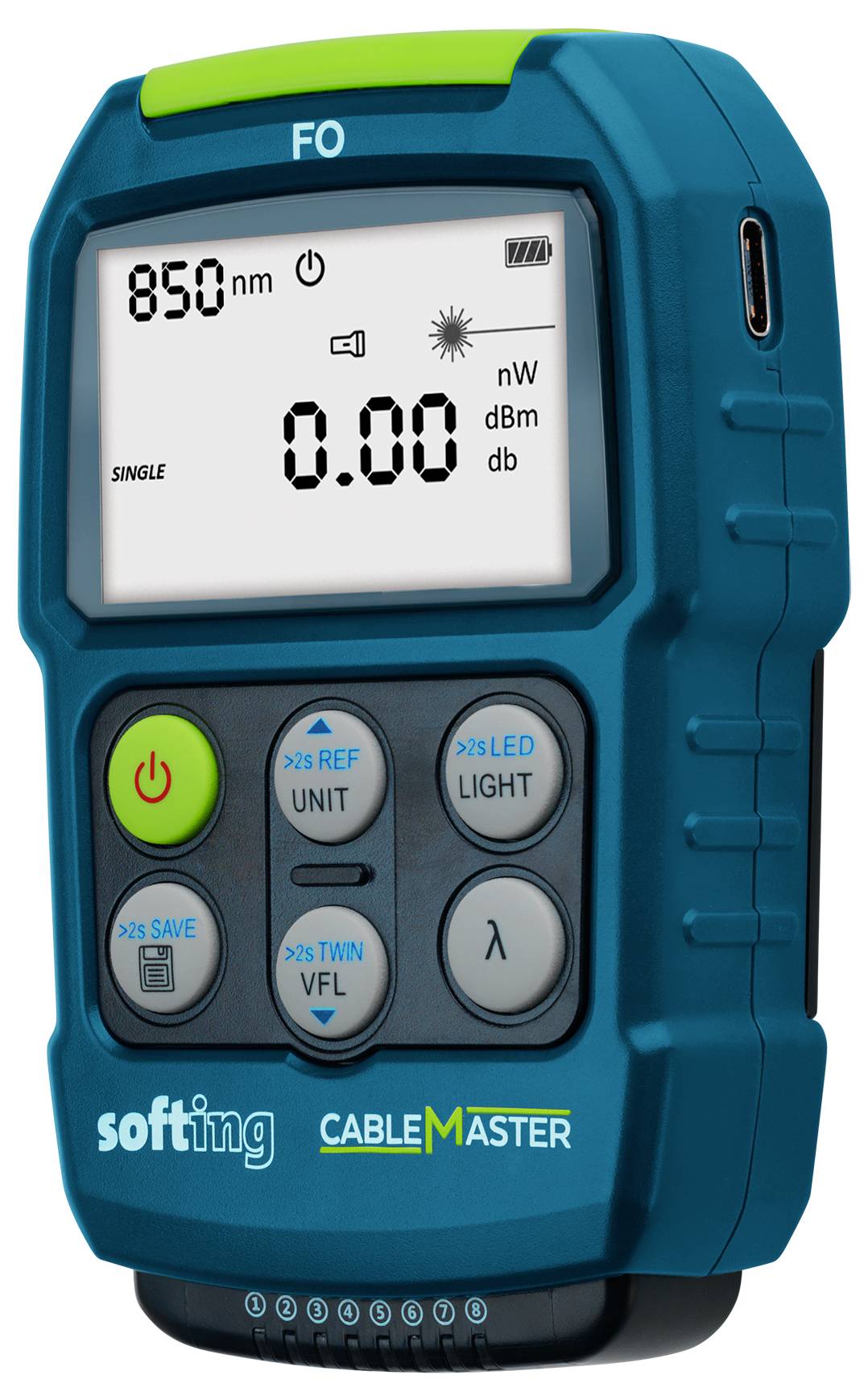 Håndholdt Softing CableMaster fiberoptisk effektmåler, der viser 850 nm og 0,00 dBm på displayet.